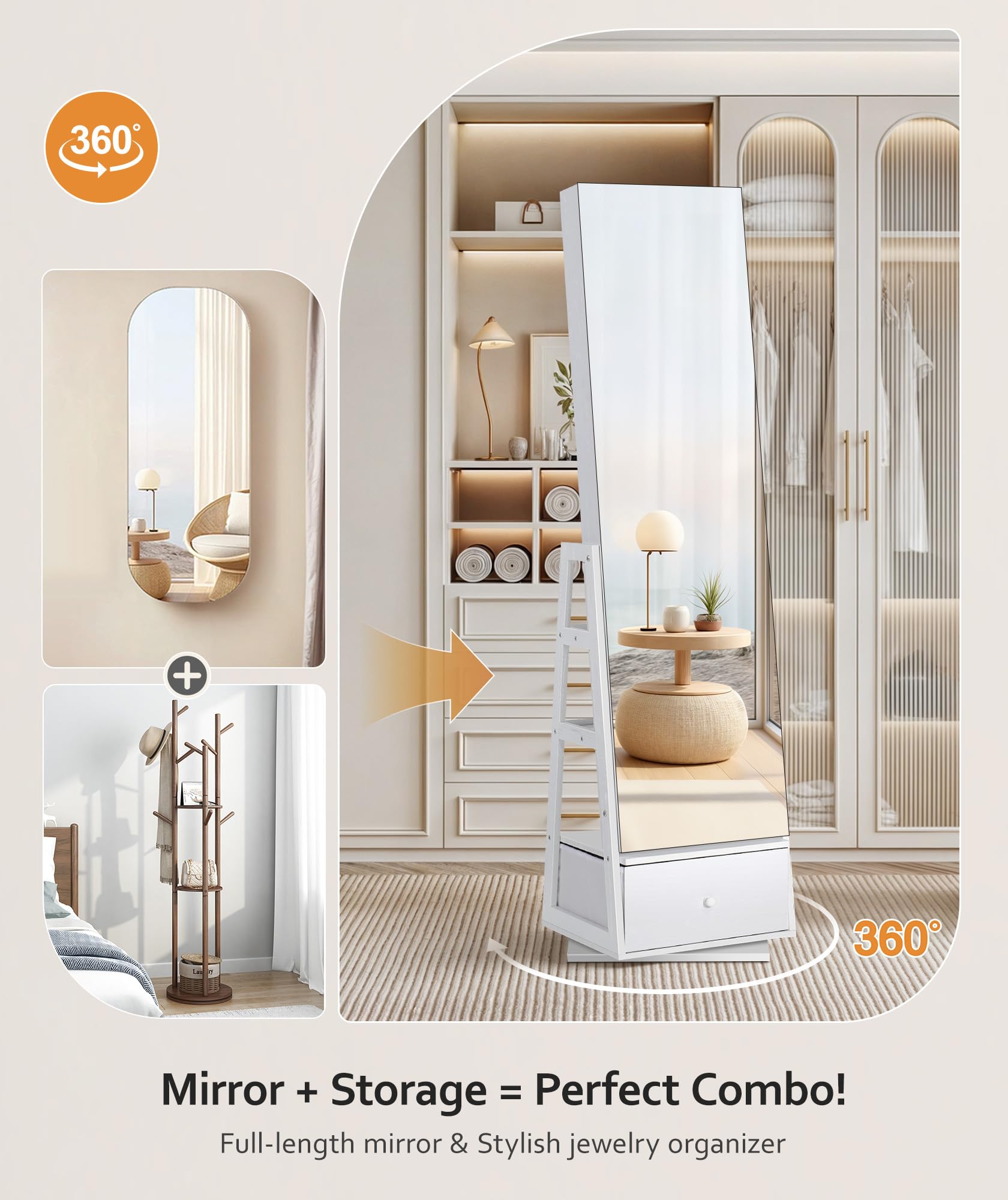 360° Swivel Jewelry Cabinet with Full Length Mirror