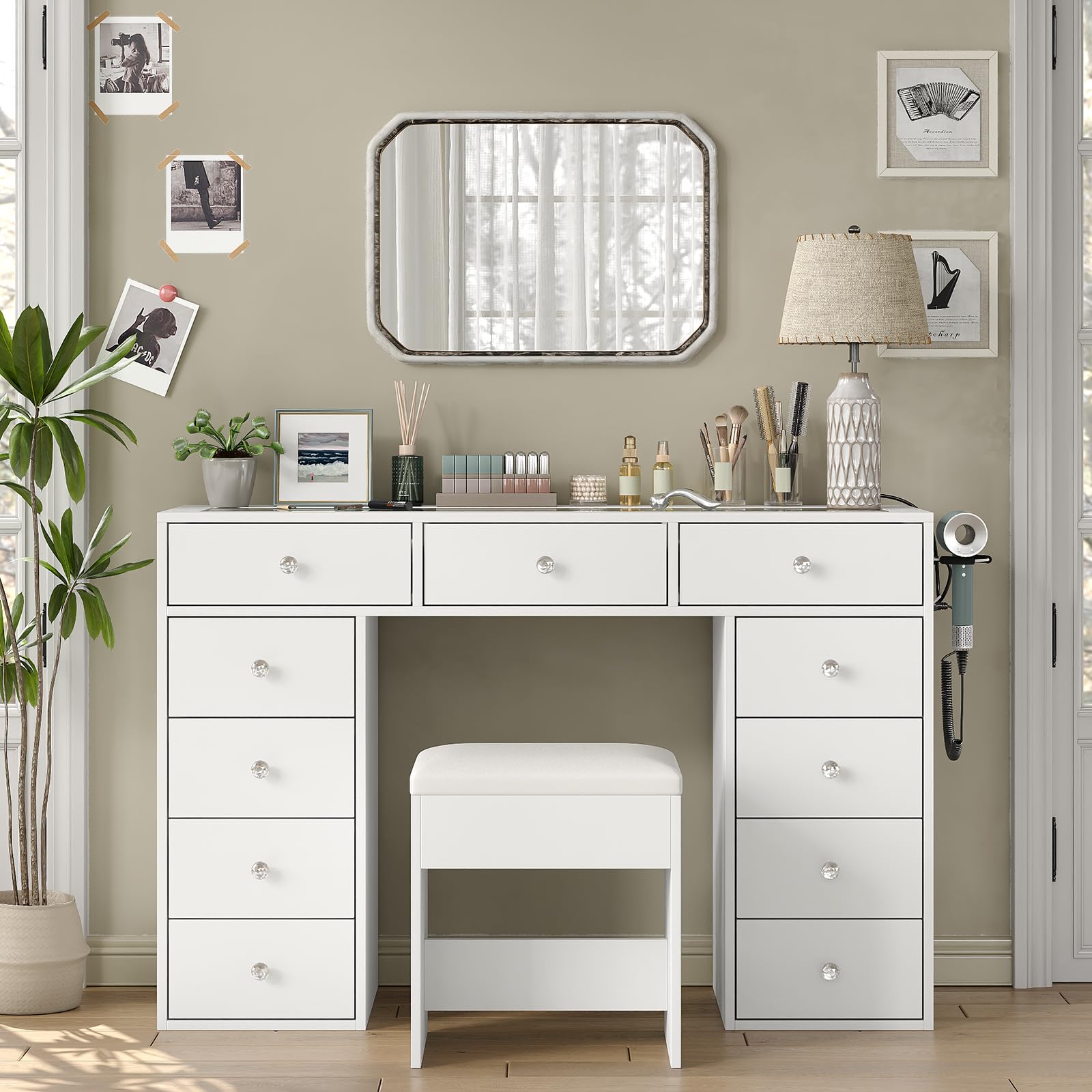 47" Glass Top Vanity Desk with 11 Drawers and Charging Station