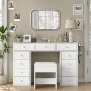 47" Glass Top Vanity Desk with 11 Drawers and Charging Station