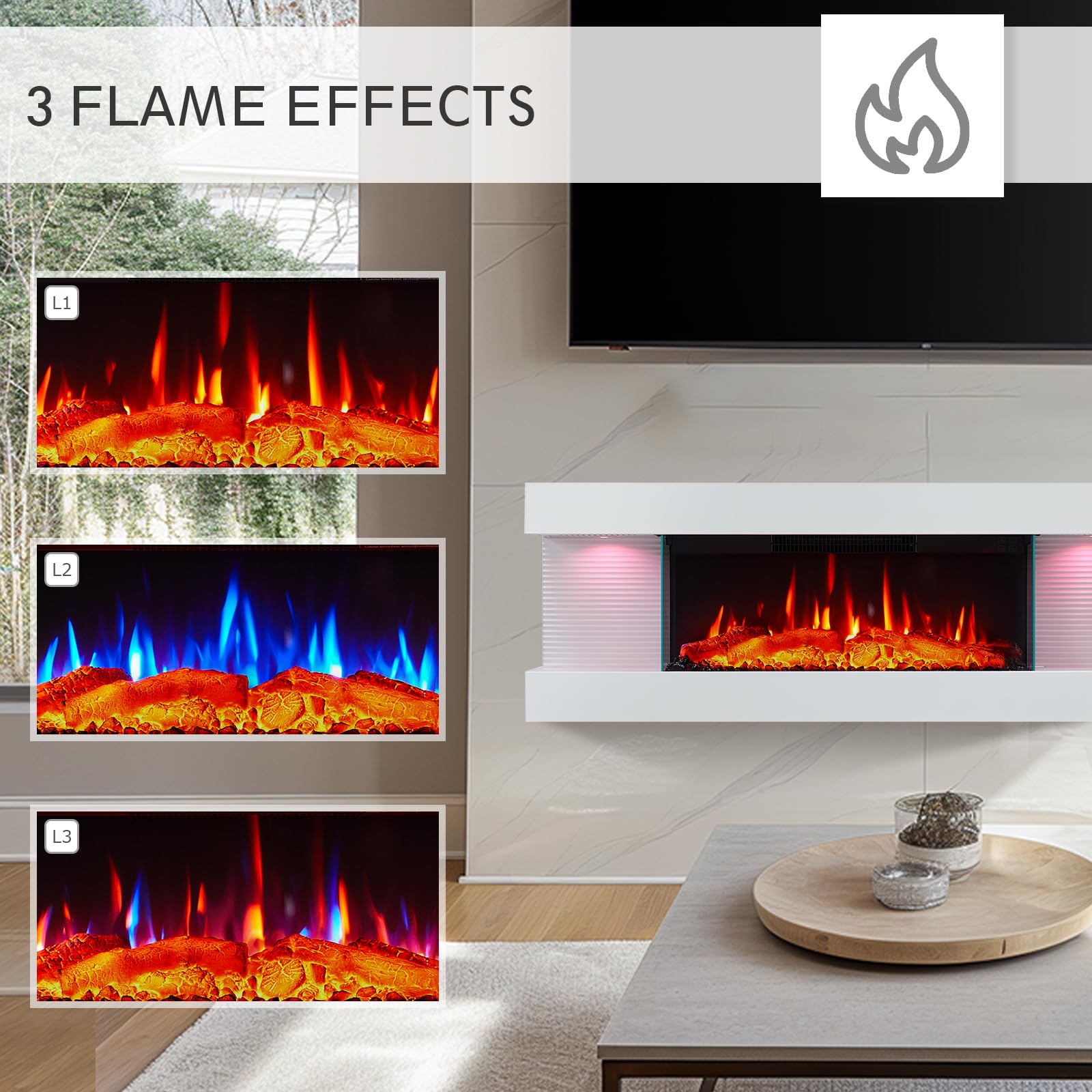 44 Inch Wall Mounted Electric Fireplace with Multi-Color Flames