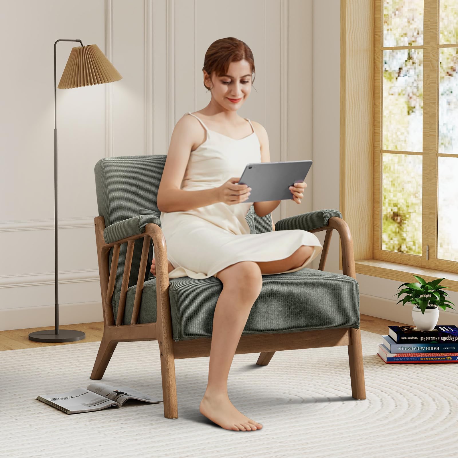 IOMOR Mid Century Modern Accent Chair with Solid Wood Frame, Upholstered Living Room Chairs with Lumbar Cushion Padded Arms, Reading Armchair for Bedroom (1, Olive Green)