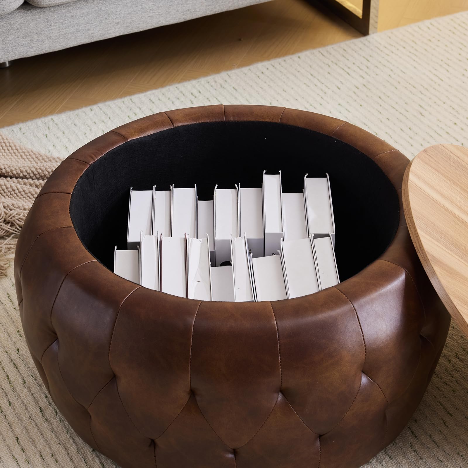 Round Storage Ottoman Coffee Table with Wooden Tabletop
