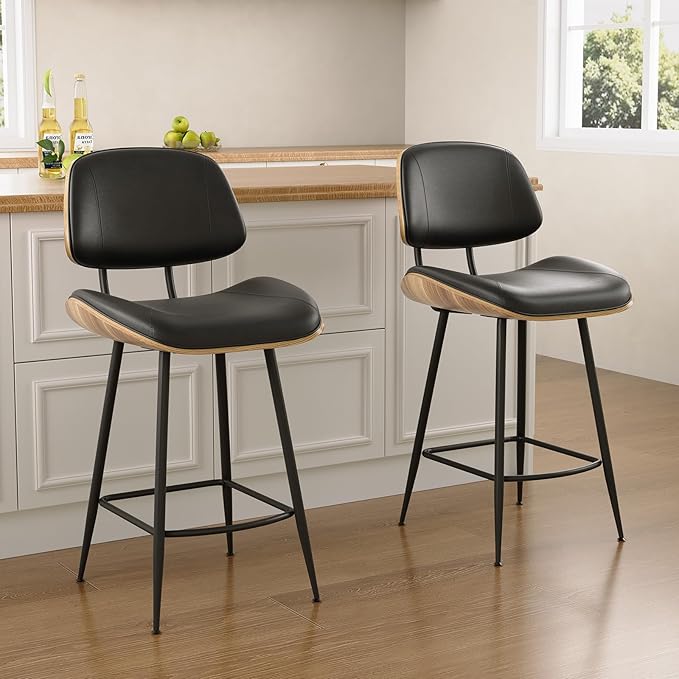 Mid Century Modern Barstool Set of 2 - PU Leather Counter Height Stools with Walnut Bentwood Back