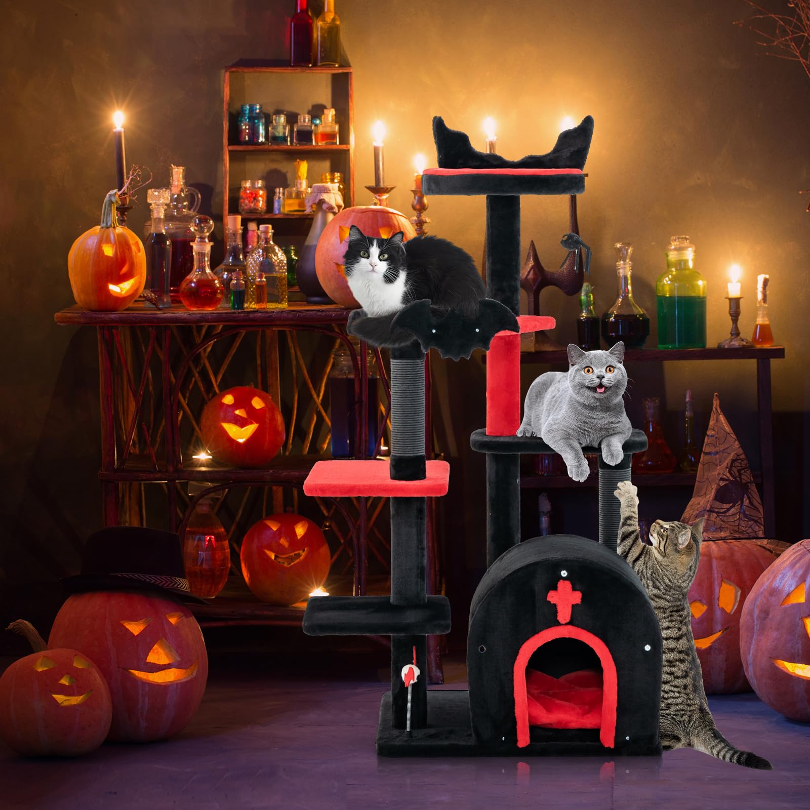 Gothic Cat Tree 53 Inch with Coffin Bed