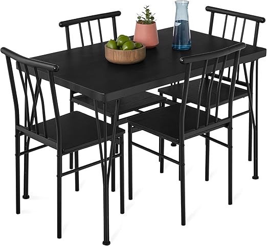 5-Piece Metal and Wood Rectangular Dining Table Set with 4 Chairs