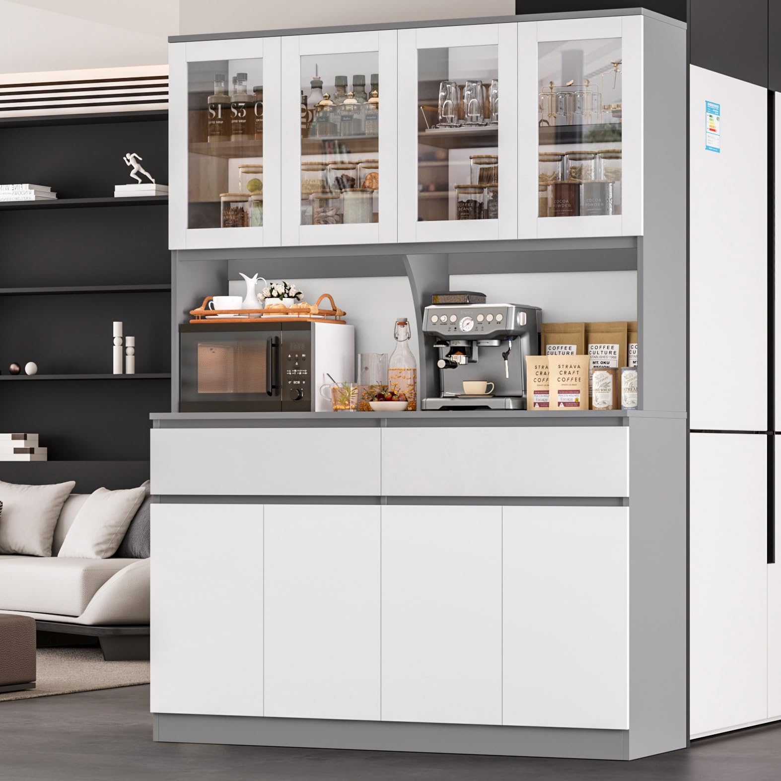 Kitchen Pantry Storage Cabinet with Glass Doors