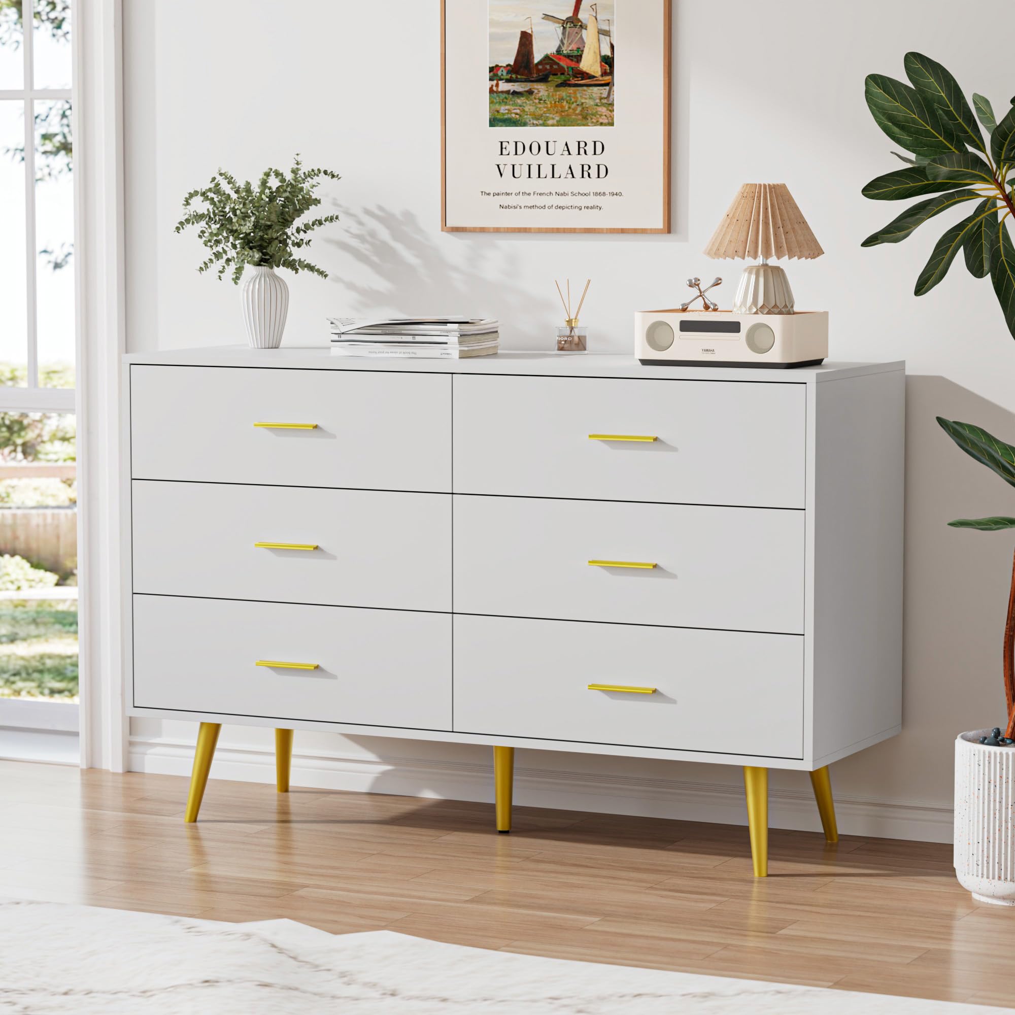 6 Drawer White Dresser with Gold Handles