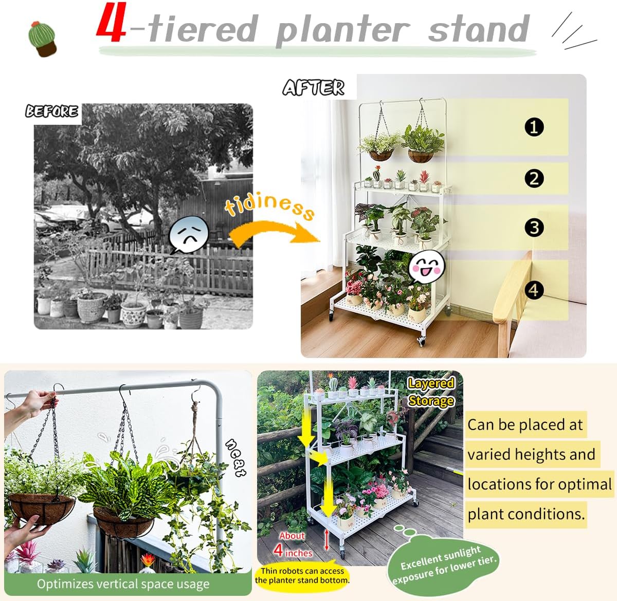 4-Tier Foldable Plant Stand with Wheels