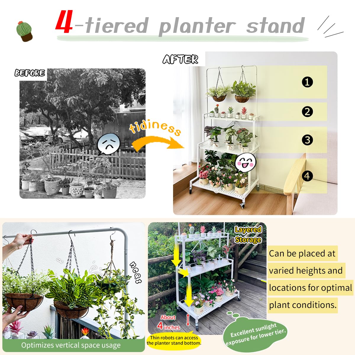 4-Tier Foldable Plant Stand with Wheels
