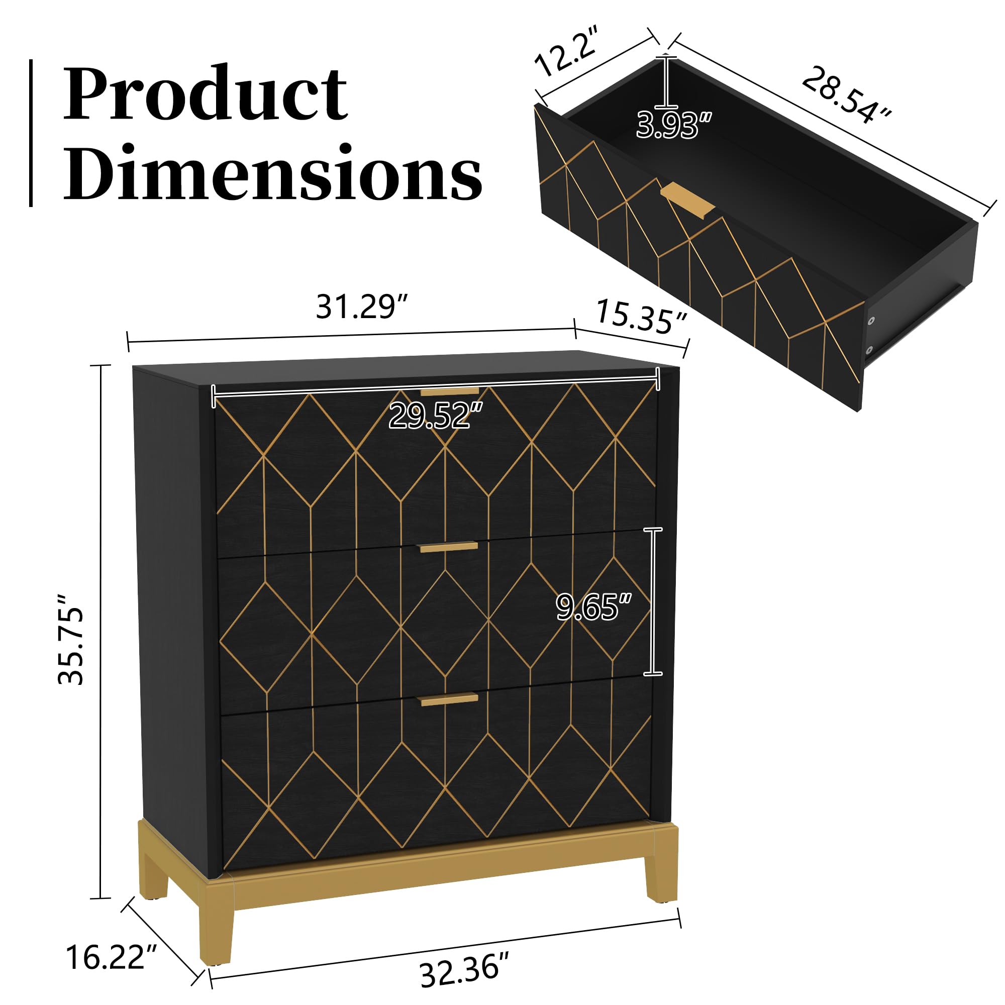 3 Drawer Dresser with Gold Trim - Modern Wood Chest Storage Cabinet