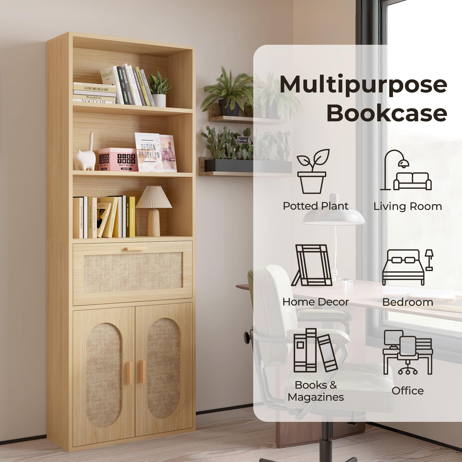 Tall Rattan Door Bookcase with Drawer