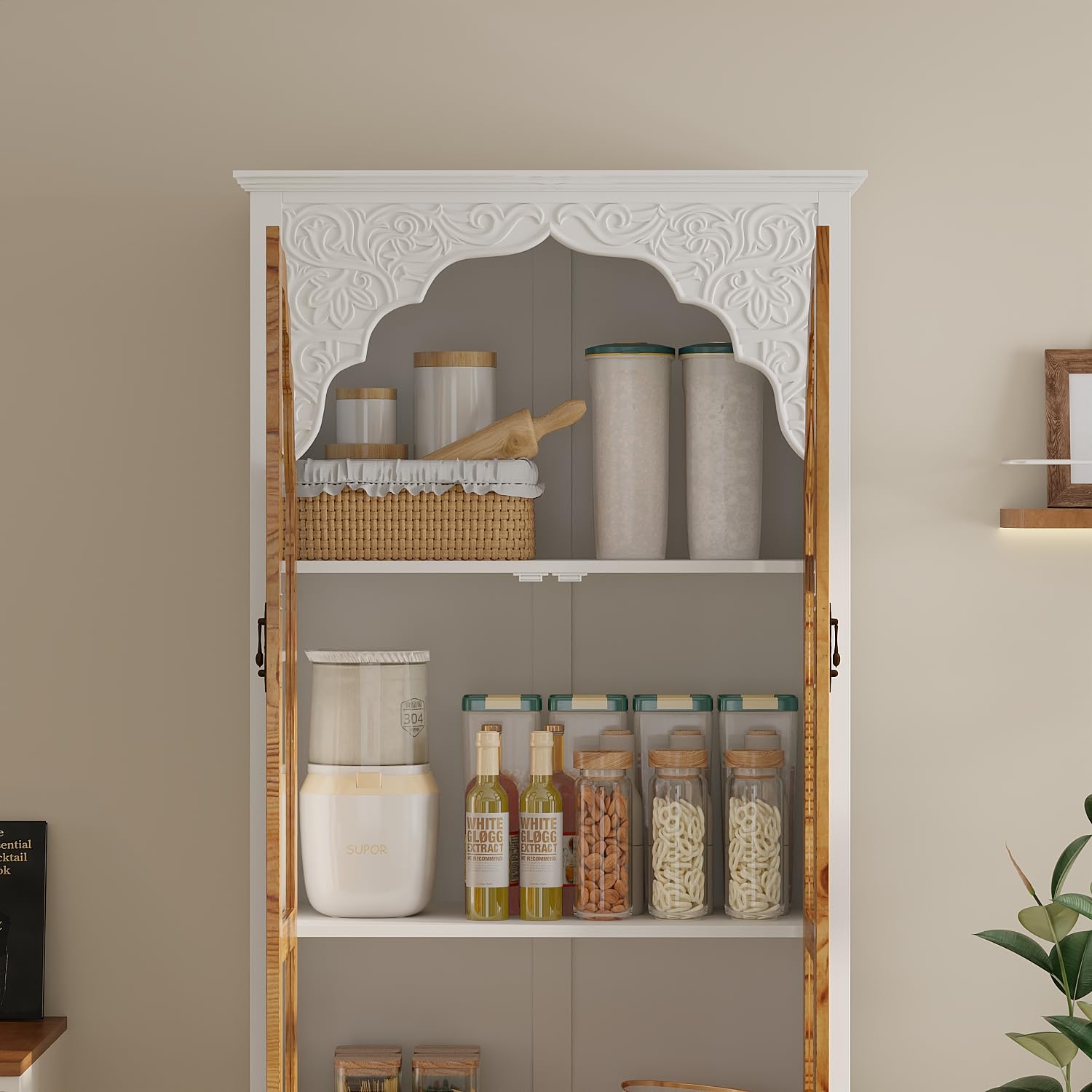 70.9" Kitchen Pantry Cabinet with Glass Doors and Drawer