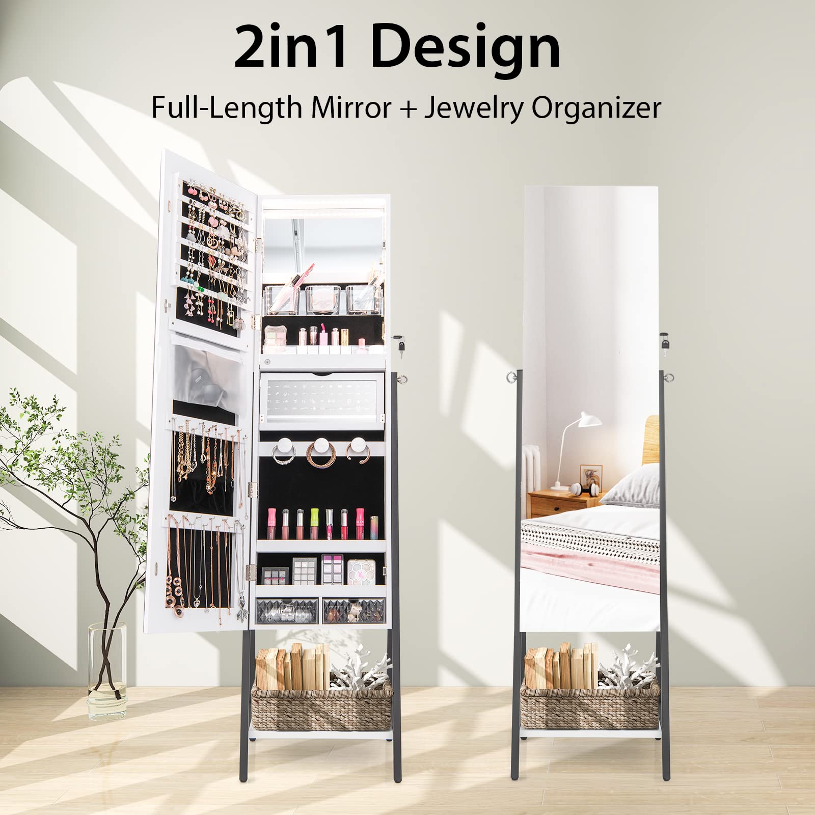 Standing Jewelry Armoire with Full Length Mirror and LED Lights