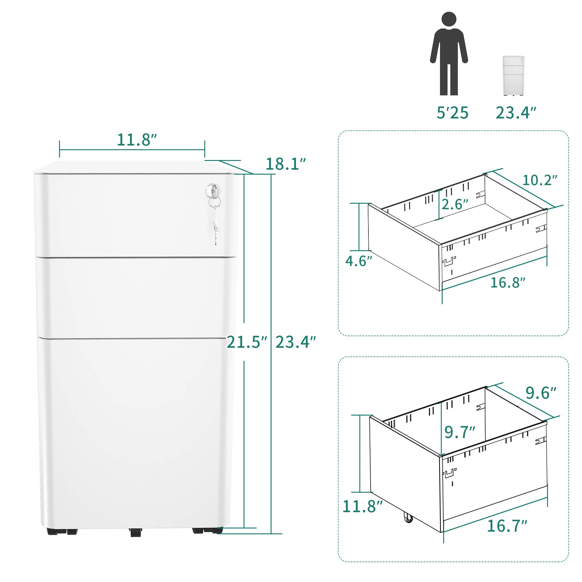 3-Drawer Mobile Filing Cabinet with Lock