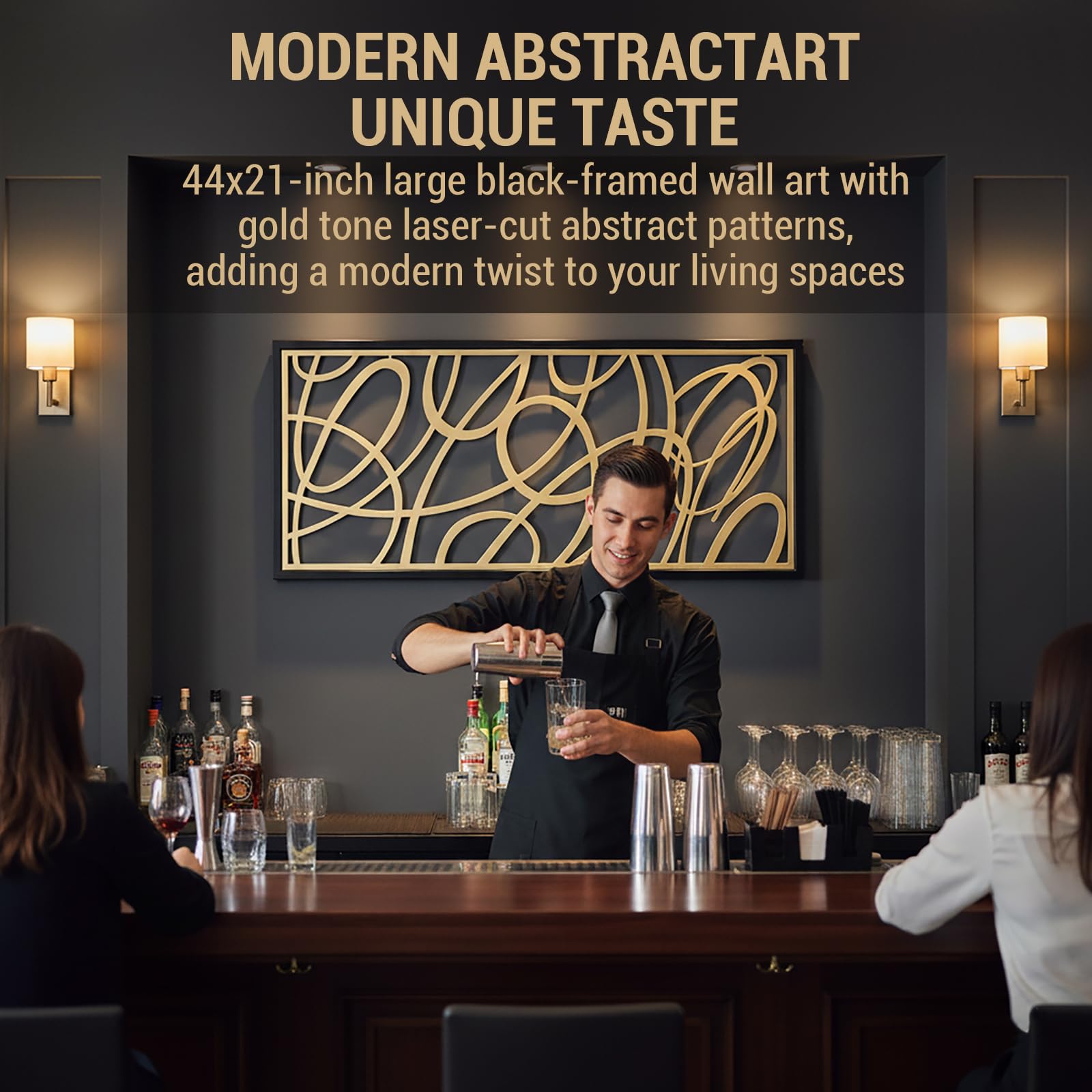 44 x 21 Inch Black Framed Gold Metal Abstract Laser Cut Panel Wall Art