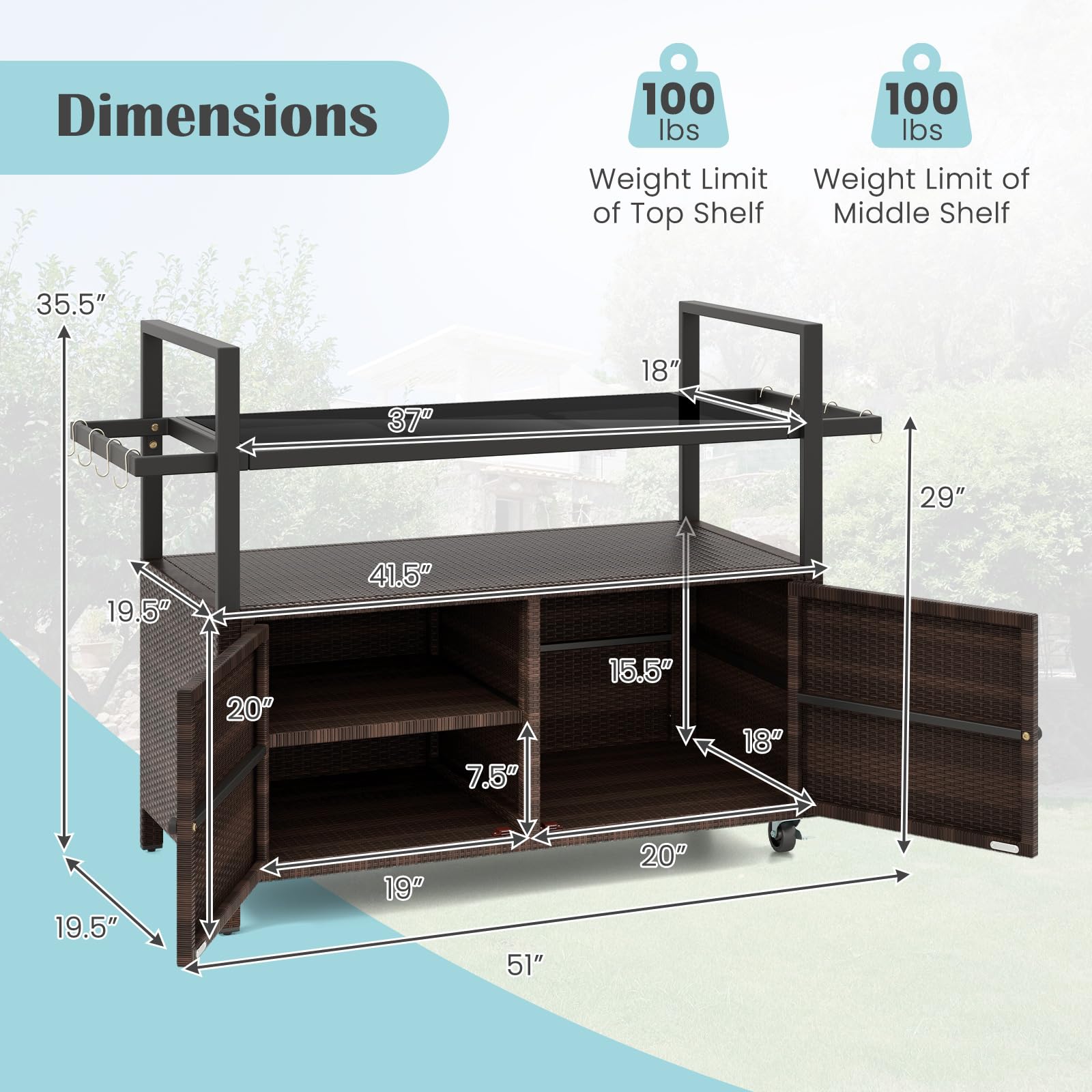 Outdoor Rolling Bar Cart with Tempered Glass Top