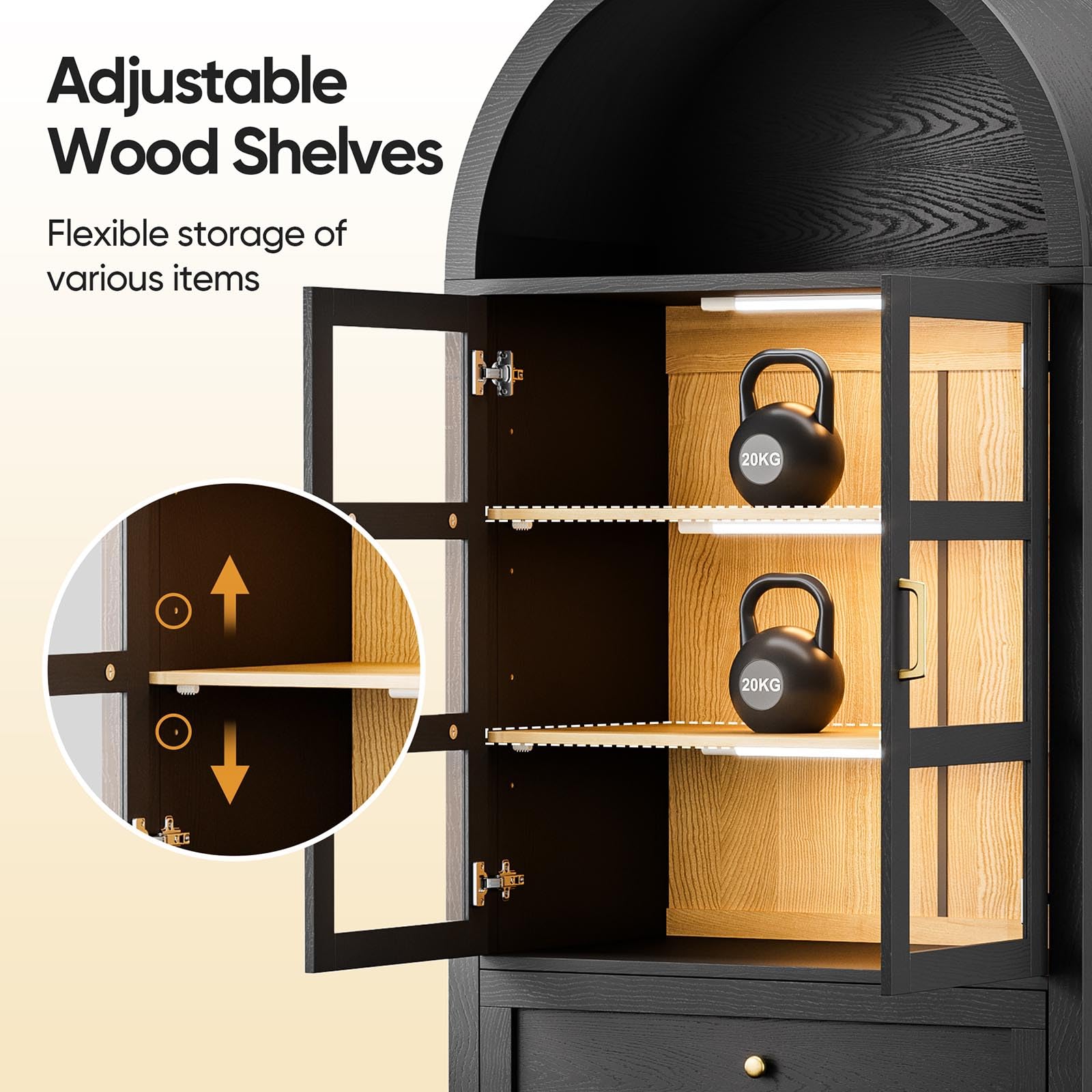 Arched Glass Display China Cabinet with LED Lighting