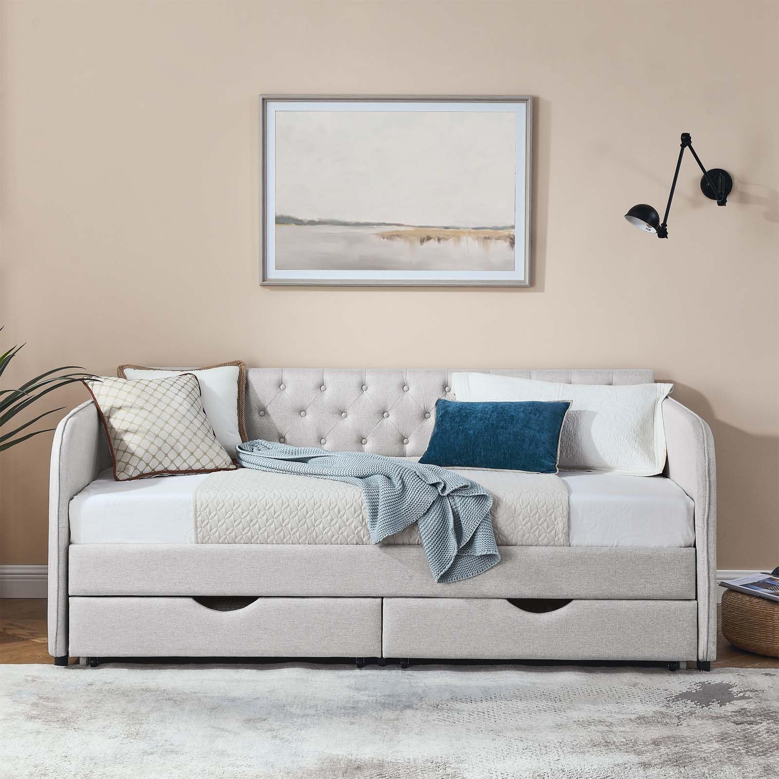 80.5" Tufted Linen Daybed with Trundle and Storage Drawer