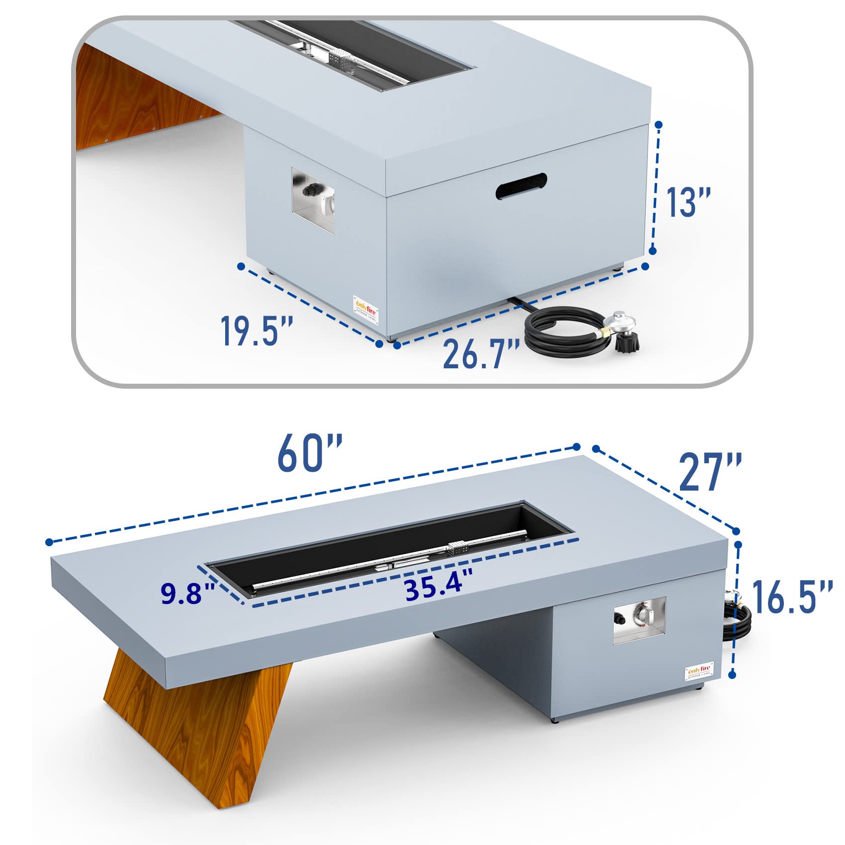 60" Propane Gas Fire Pit Table with Wooden-Visual Leg