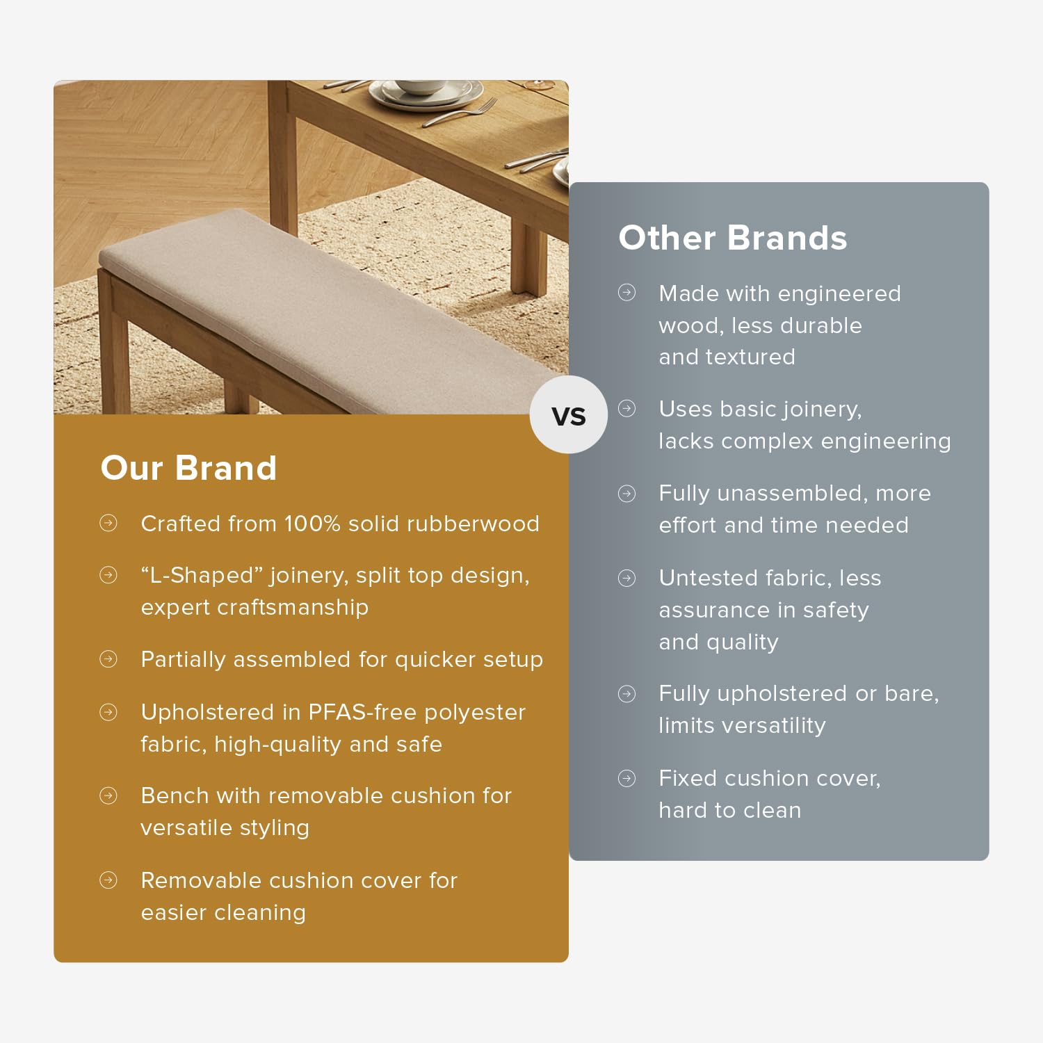 Logan Upholstered Beige Dining Bench - Modern Farmhouse Solid Wood