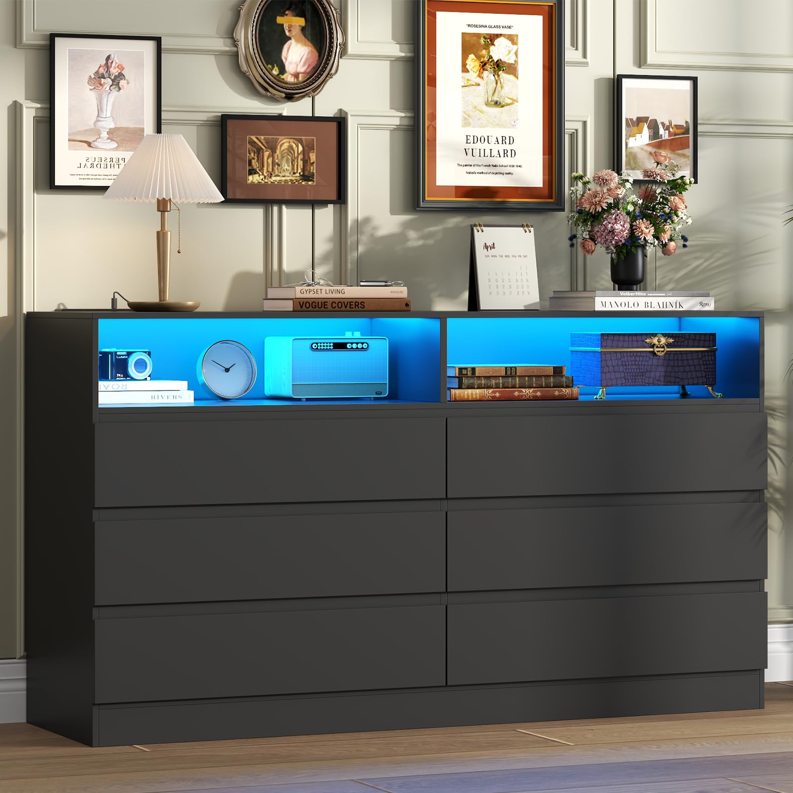 6 Drawer Dresser with Power Outlet and LED Lights