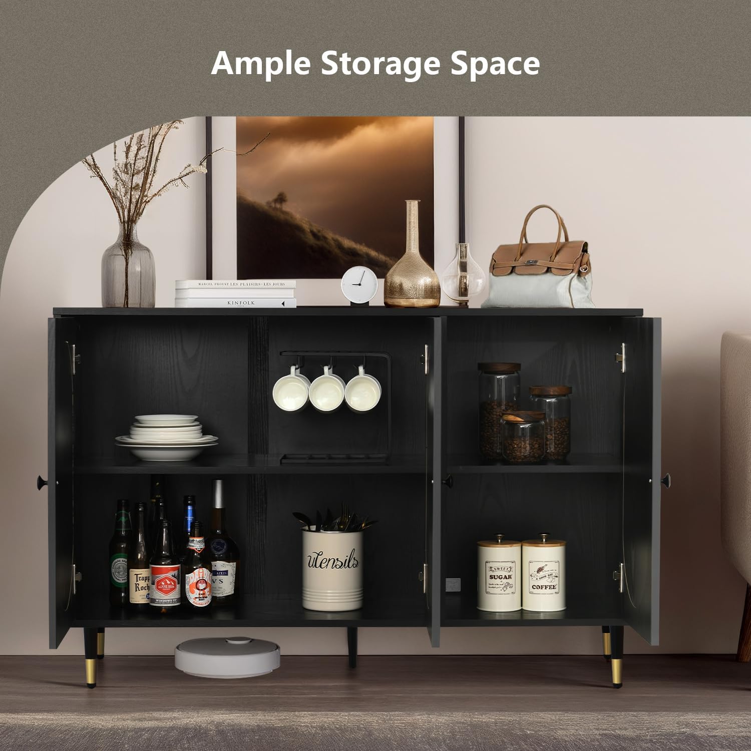 Black Rattan Buffet Cabinet with Adjustable Shelves