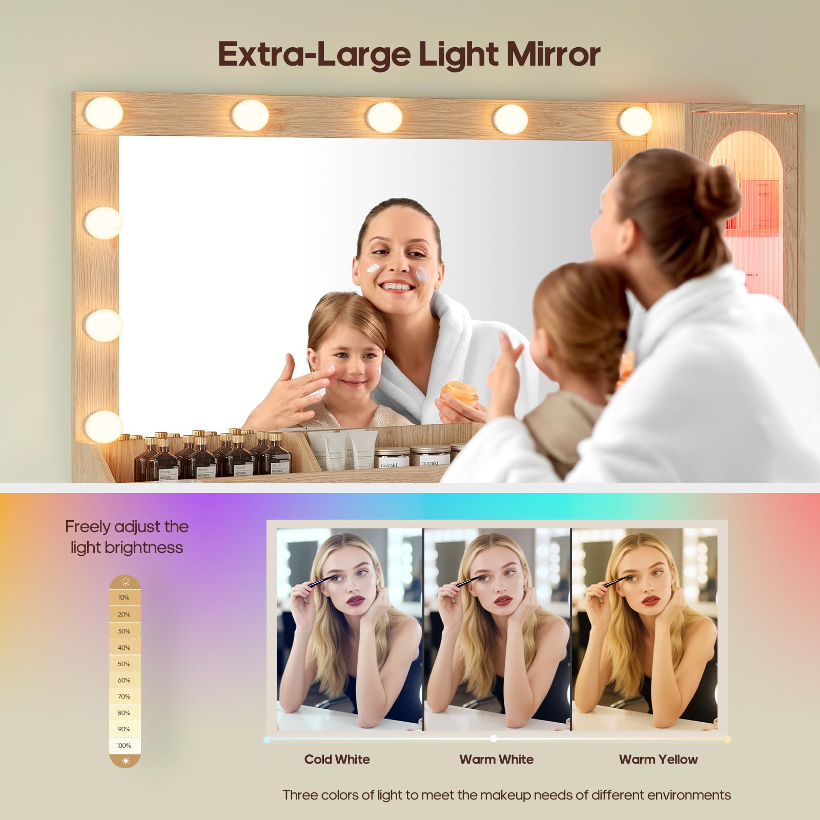 Fluted Makeup Vanity Desk with Large Mirror and Lights