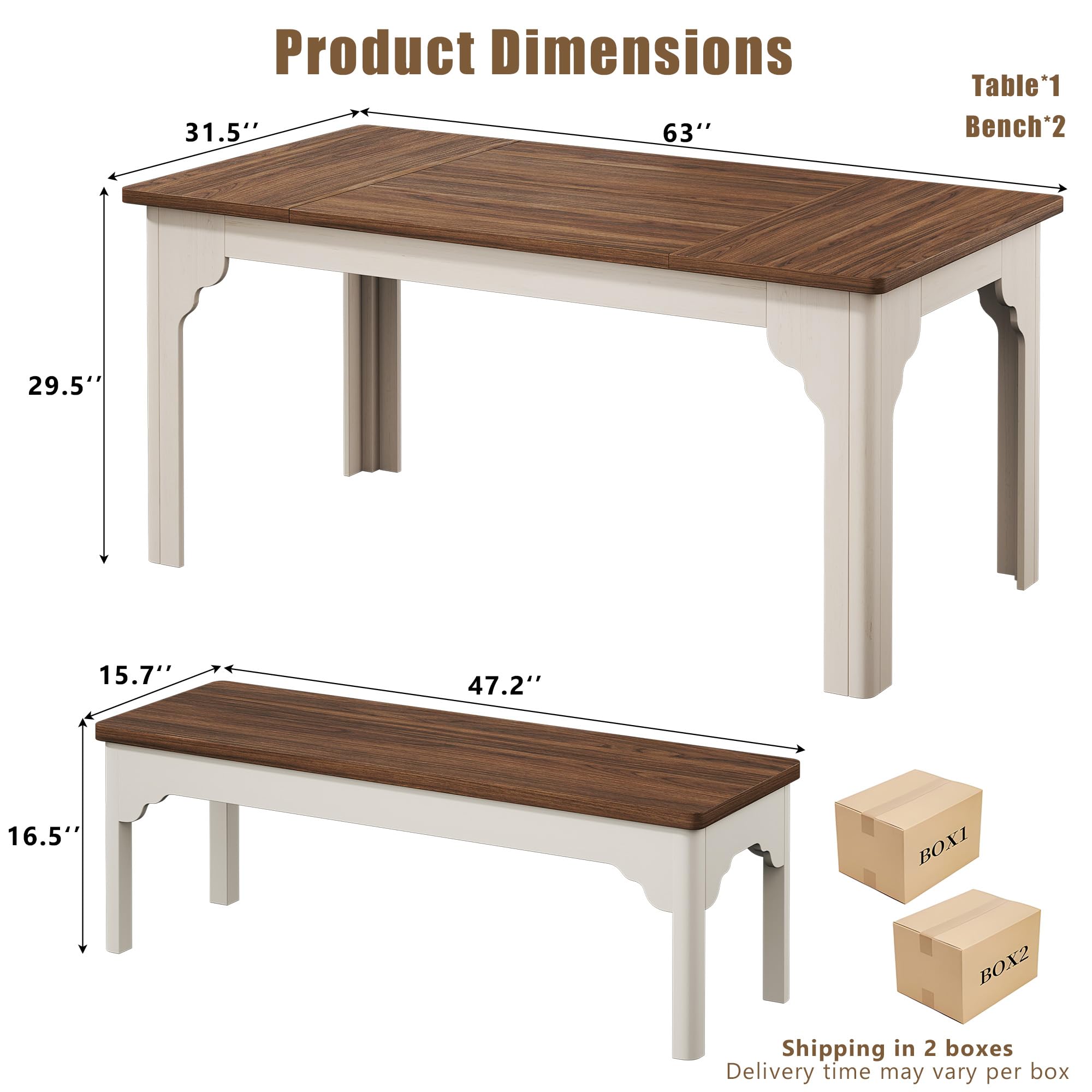 Farmhouse Dining Table Set with 2 Benches