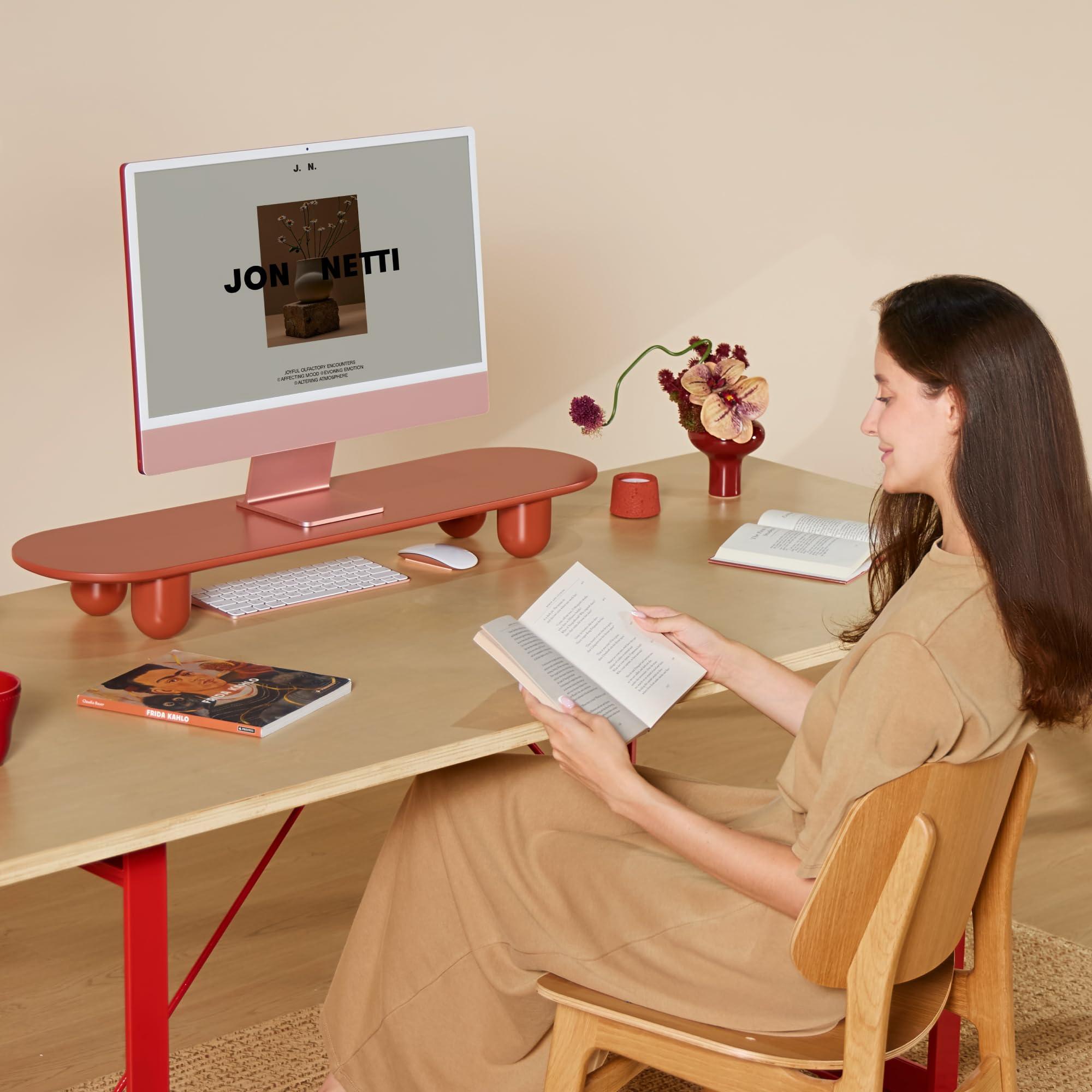 34 Inch Dual Monitor Riser with Wooden Shelf
