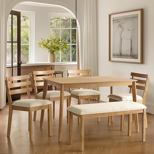 4-Piece Farmhouse Dining Set with Table, Chairs and Bench