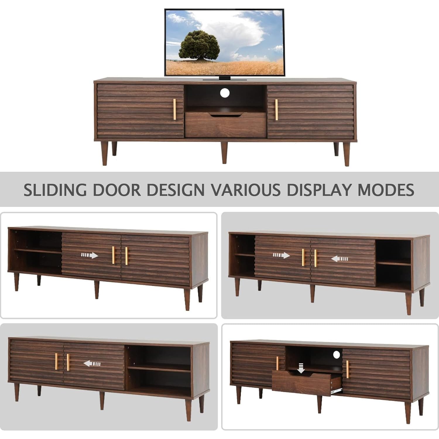 Mid-Century TV Stand 59" with Sliding Doors and Drawer