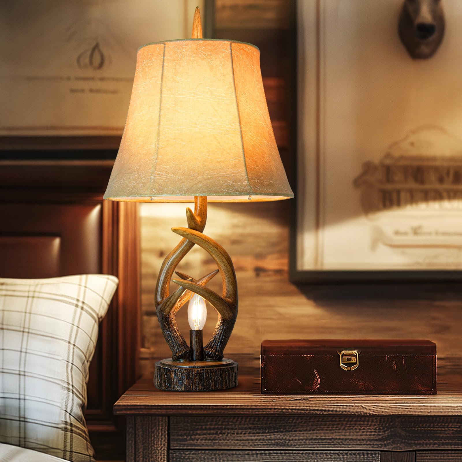 Rustic Farmhouse Antler Table Lamp Set of 2 with USB Ports and Nightlight