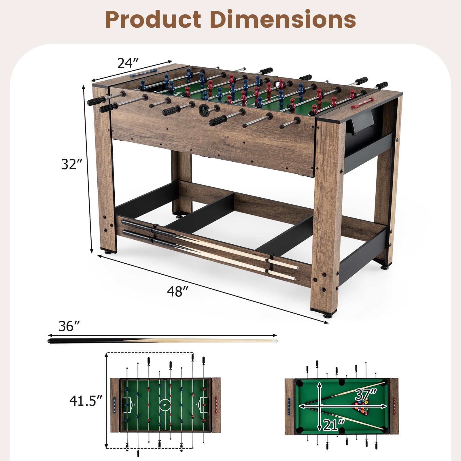 48" 2-in-1 Swivel Multi Game Table with Foosball and Pool