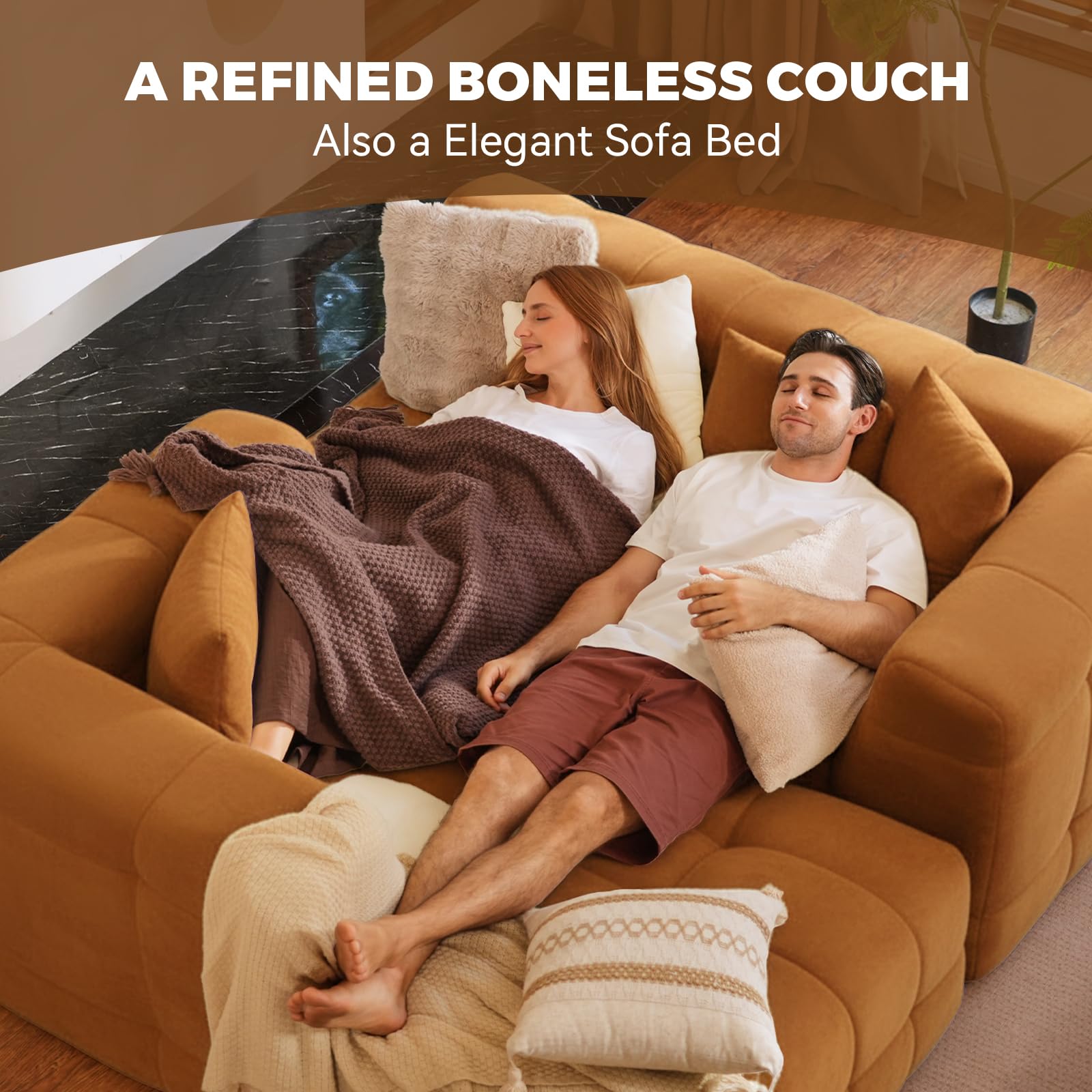 Daluvenix 107" Boneless Couch with L - Shaped Chaise, Modern Chenille Modular Sectional Sofa with Tufted Design, Comfy Upholstered Sofa, No - Assembly Sectional Couch, Orange-Brown