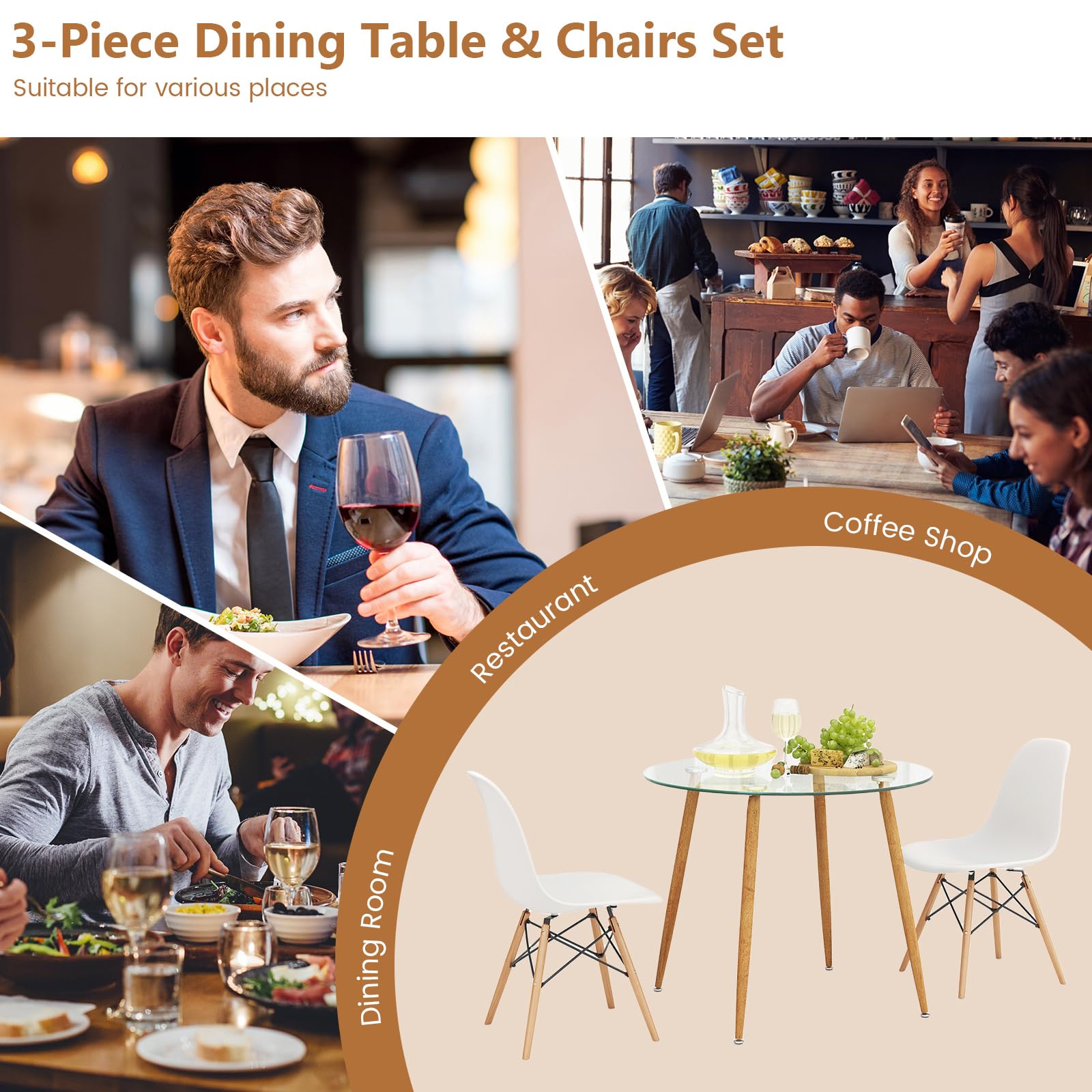 3-Piece Dining Table Set with Round Tempered Glass Table and 2 Chairs