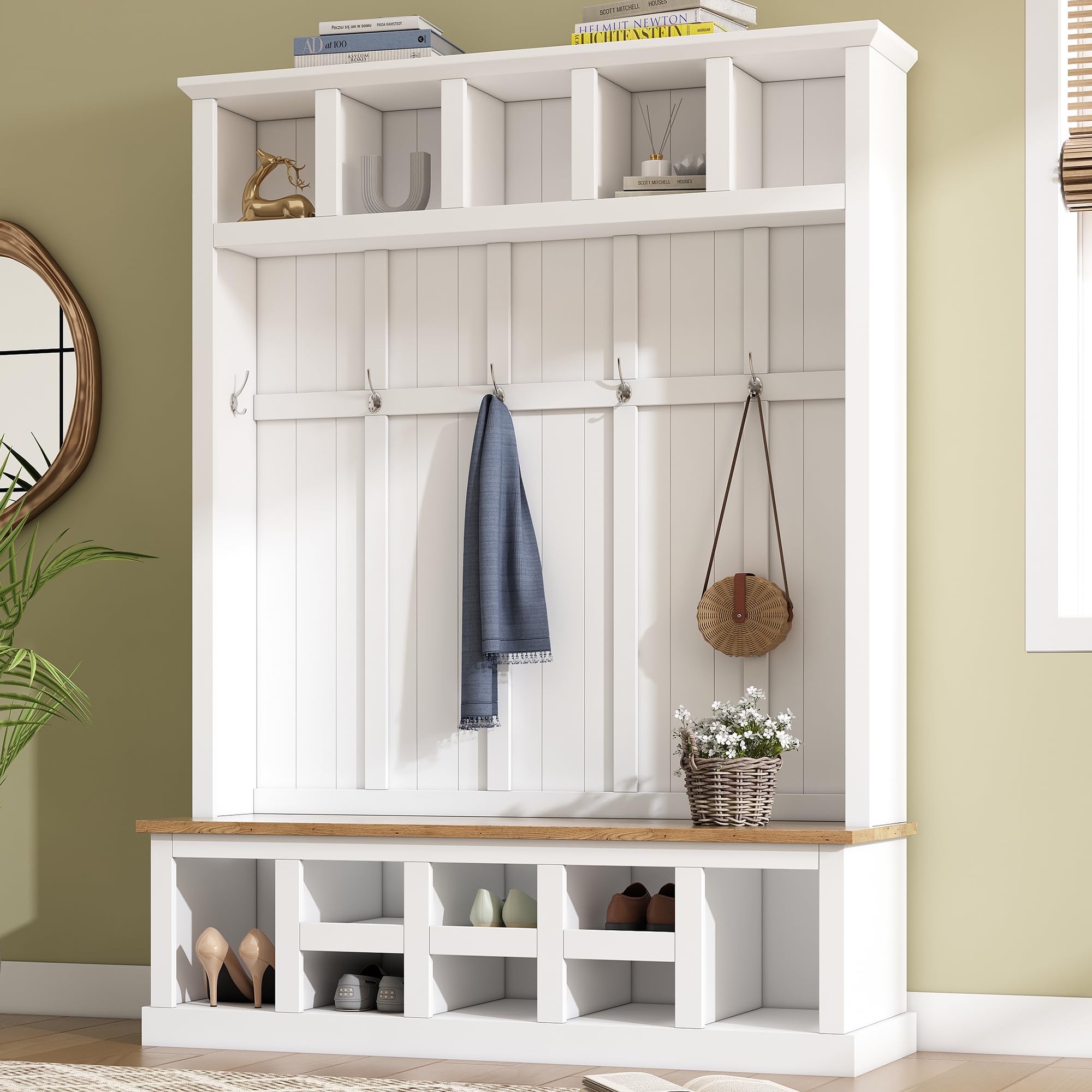 Farmhouse Hall Tree with Bench and Shoe Storage