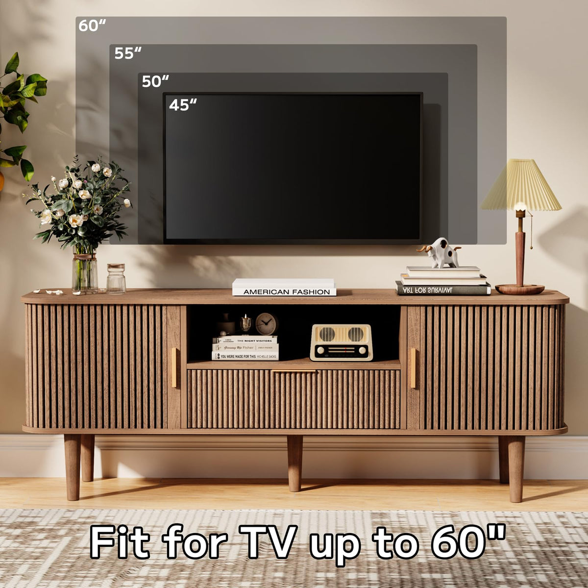Fluted TV Stand 55 Inch Mid Century Modern Media Console