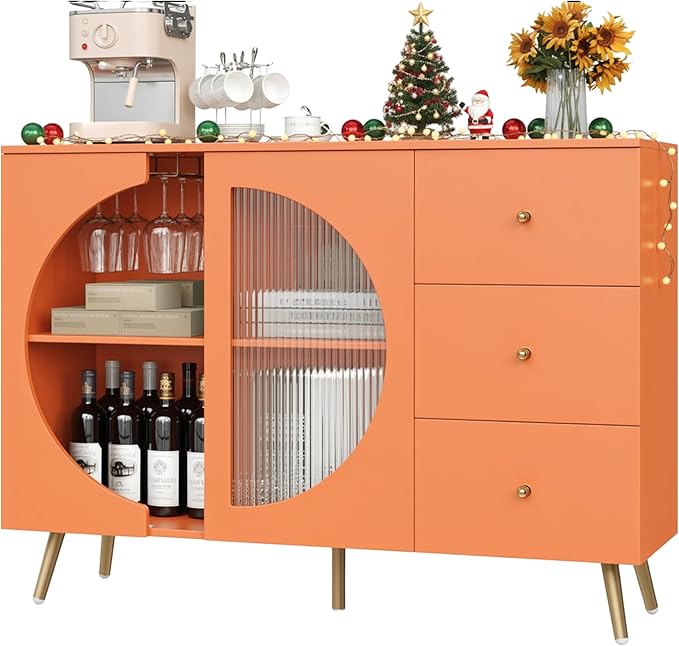 Coffee Bar Cabinet with Fluted Glass Door and Wine Rack