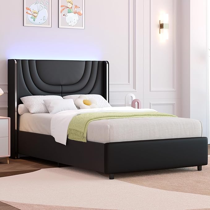 Queen Bed Frame with LED Lights and Faux Leather Upholstered Headboard