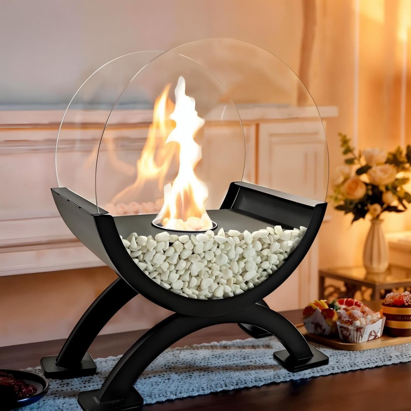Round Glass Tabletop Fireplace with Tempered Glass