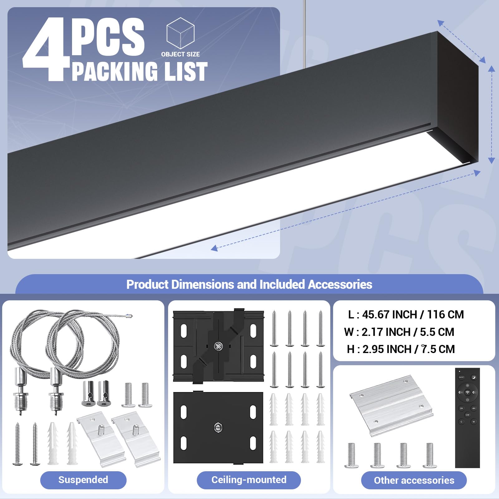 4FT LED Linear Light Fixture with Remote Control