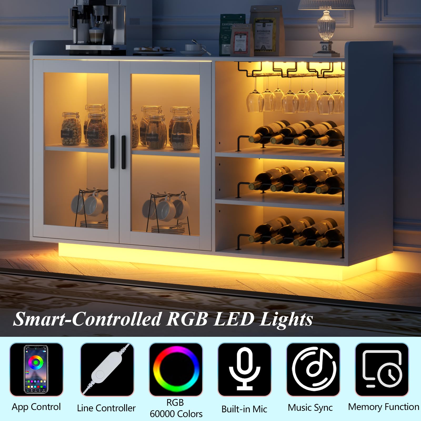 Wine Bar Cabinet with LED Lights and Glass Doors