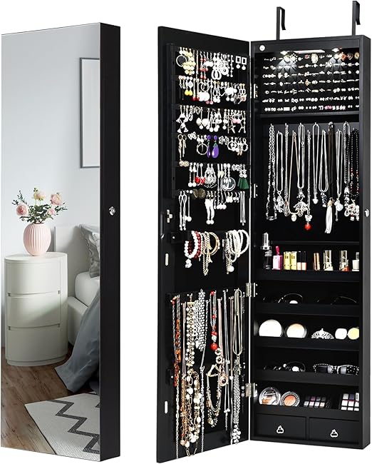 Wall-Mounted Jewelry Armoire with Full-Length Mirror and LED Lights
