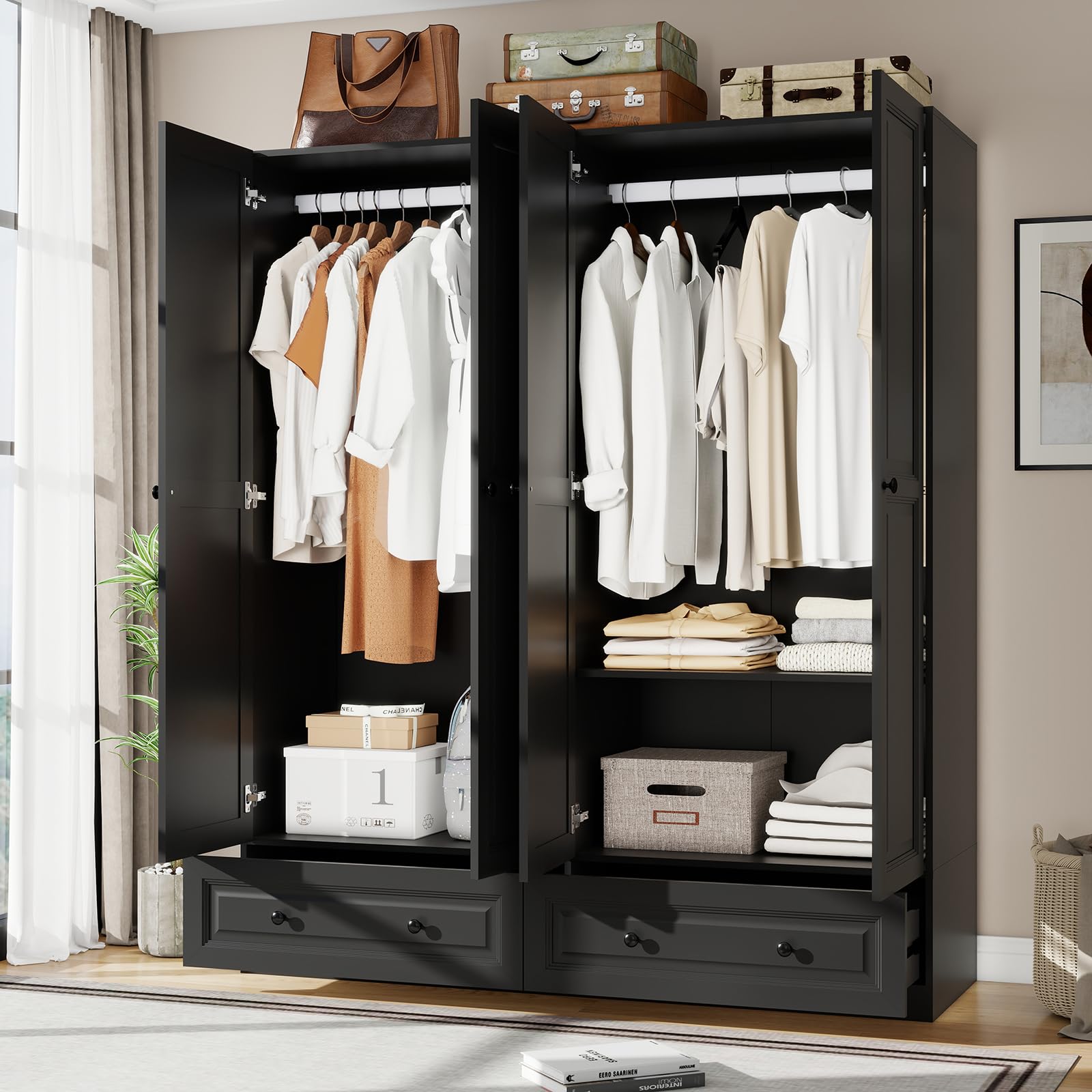 Black Wardrobe Closet with Drawers and Hanging Rod