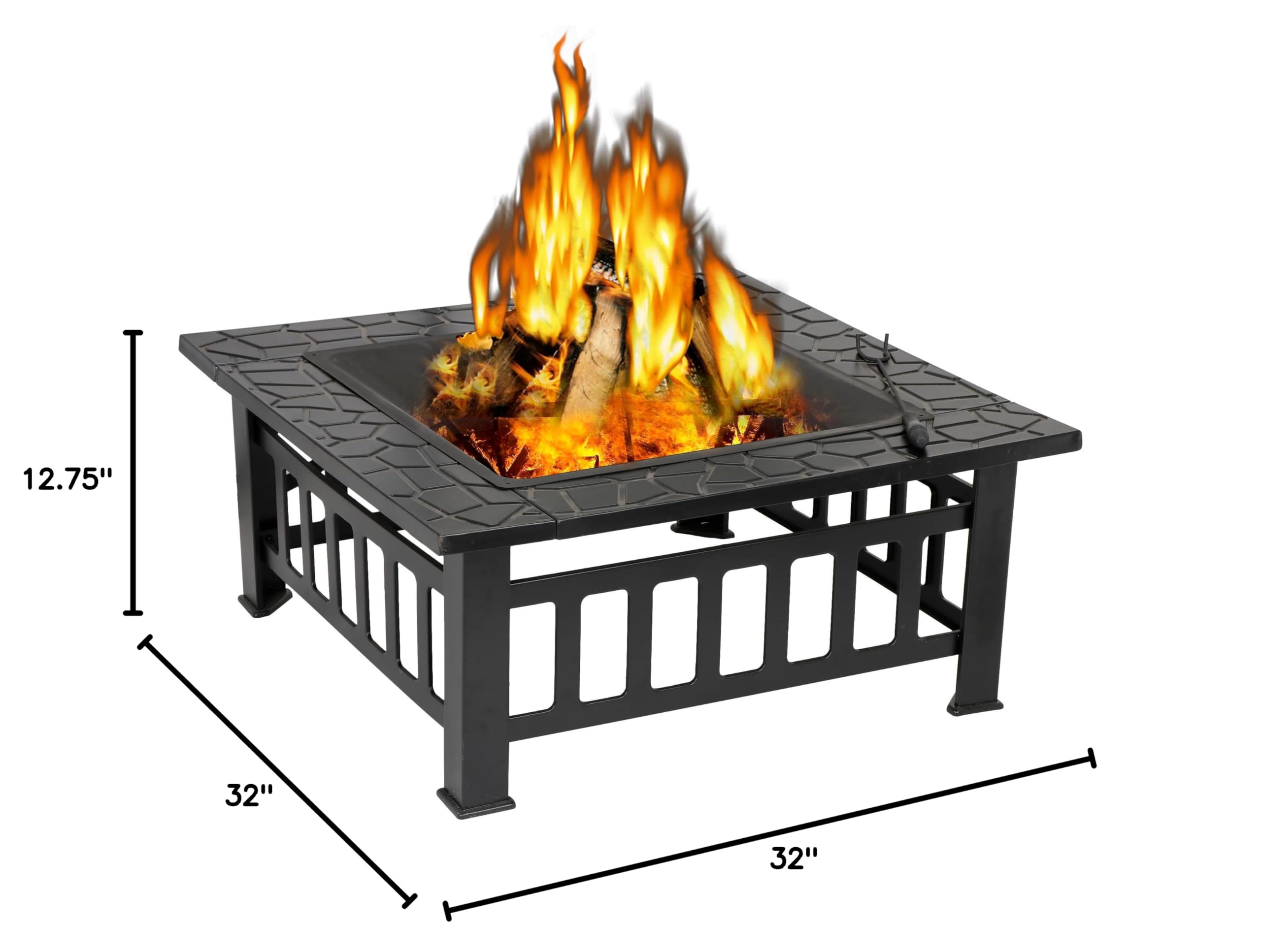 32 Inch Outdoor Fire Pit with Grill Wood Burning Square Metal