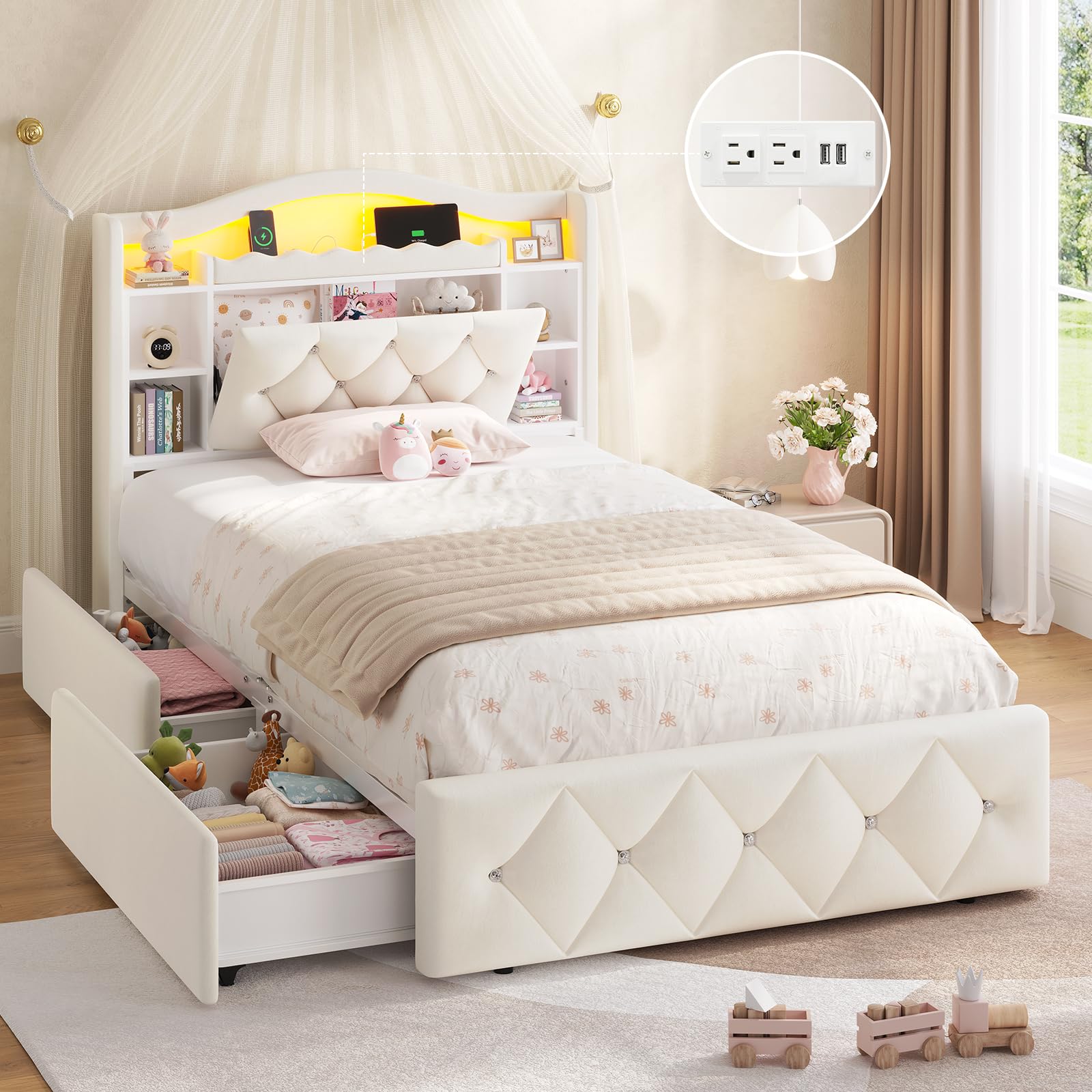 Twin Bed Frame with Storage Drawers and LED Lights