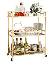 3-Tier Gold Bar Cart with Glass Shelves on Wheels