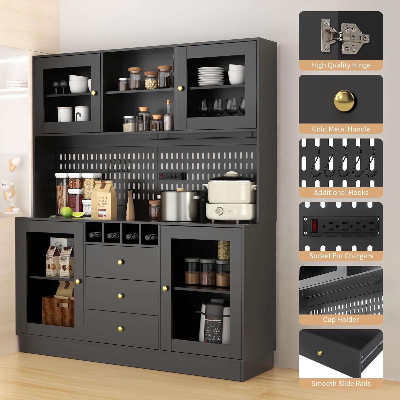 75" Tall Kitchen Hutch Cabinet with Pegboard
