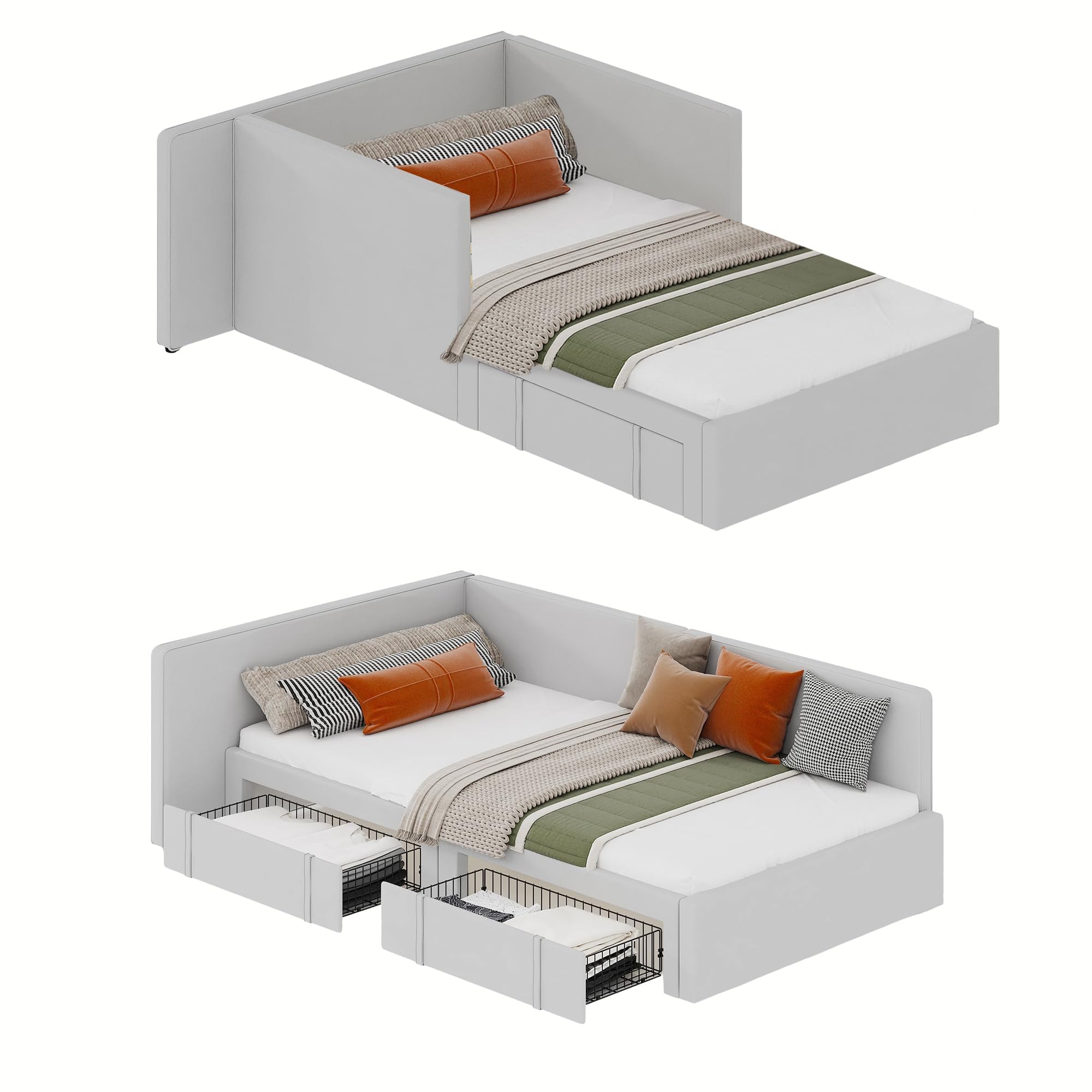 Twin Daybed with Storage Drawers and Velvet Upholstered Headboard