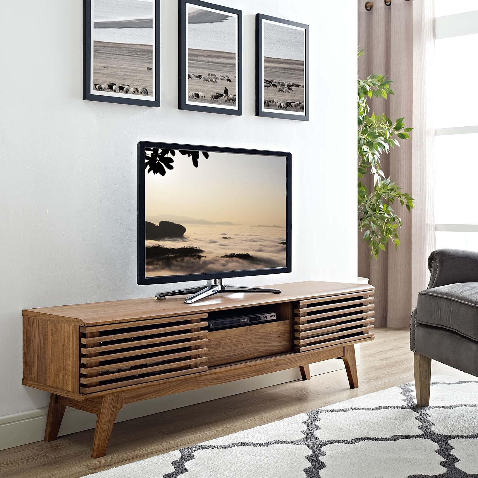 Mid-Century TV Stand with Sliding Doors